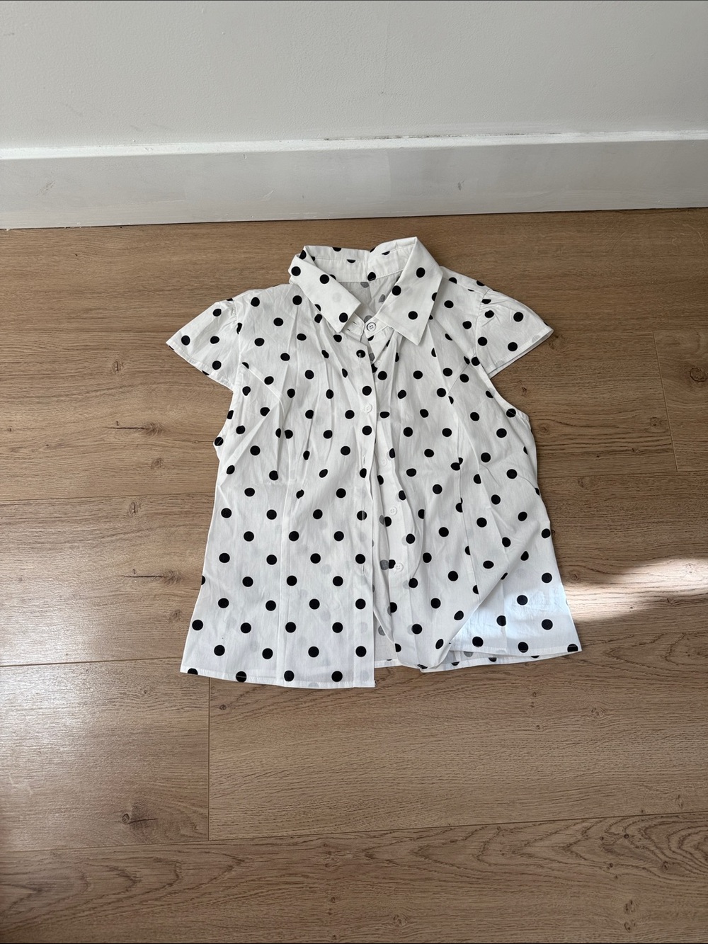 White Button-Front Blouse with Black Polka Dots